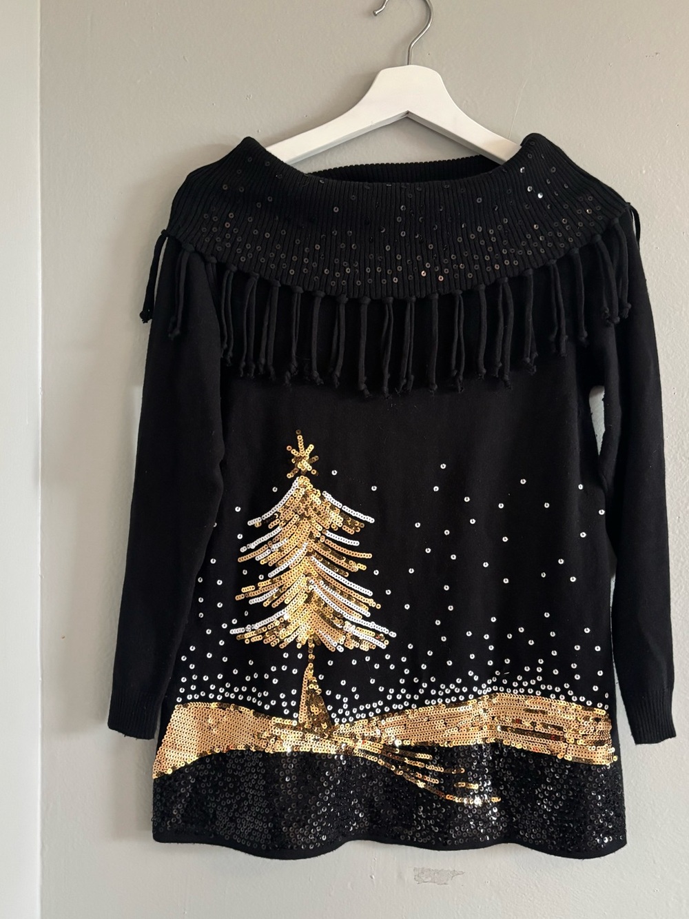 Black Off-Shoulder Sequin Tree Sweater